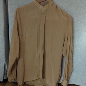 VTG Caramel Pure Silk Long Sleeve Button Down Vintage 80s Mock Neck Collar